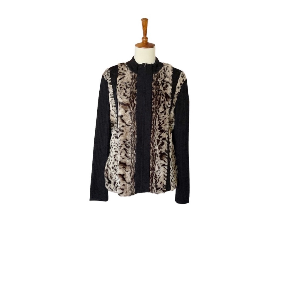 Ming Wang Faux Fur Zip Sweater Cardigan‎ Size Medium